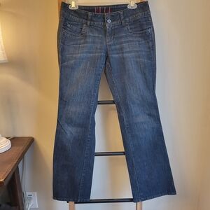 VINTAGE ELLE DARK DENIM WITH BROWN COPPER STITCHING BOOTCUT JEANS 4R